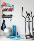 Three Tier Wall Mounted Gear Organizer With Ball Rack Bat And Racket Holders And Four Helmet And Accessory Hooks Heavy Duty Garage Storage In Glossy Black mounted in a gym