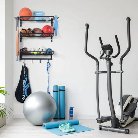Three Tier Wall Mounted Gear Organizer With Ball Rack Bat And Racket Holders And Four Helmet And Accessory Hooks Heavy Duty Garage Storage In Glossy Black mounted in a gym