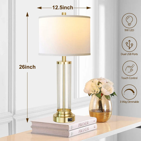 Touch Control Table Lamp Set Of 2 With USB Ports, 3 Way Dimmable Nightstand Lamps In Cream Fabric Shade, 26-inch on table