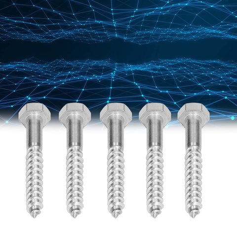 Front view of heavy duty wood hex lag screws with half thread, self tapping design, no pre drill needed, made from A2-70 stainless steel for maximum strength and durability, integrated easy install, perfect for carpentry and deck projects M8 by 60mm.