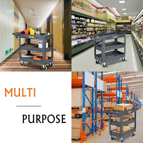 Heavy Duty Plastic Utility Cart With Wheels 550 Lb Capacity Three Tier Rolling Storage Organizer For Garage Warehouse And Industrial Use Built Tough Workhorse On Wheels in various settings.