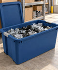 Massive 45 Gallon Rolling Storage Tote With Easy Glide Wheels To Tackle Heavy Hauling Tasks Without Breaking A Sweat Plus Stackable Design For Sweet Organization Solutions In Blue filled with hardware parts