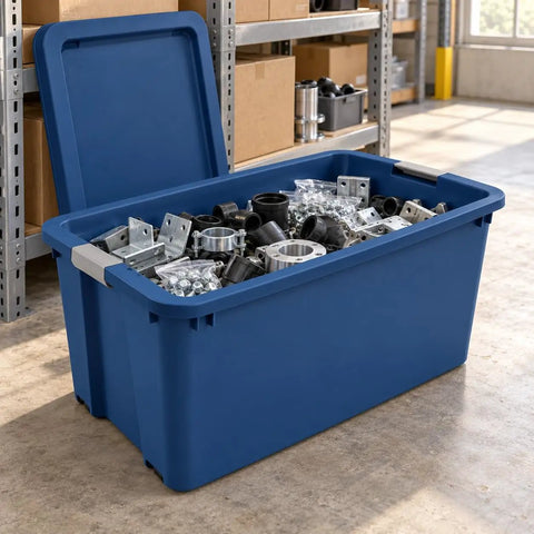Massive 45 Gallon Rolling Storage Tote With Easy Glide Wheels To Tackle Heavy Hauling Tasks Without Breaking A Sweat Plus Stackable Design For Sweet Organization Solutions In Blue filled with hardware parts