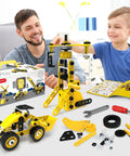 Father and child playing with 10 In 1 Stem Toys Set For Kids Ages 4 5 6 7 8 9 Plus Hands On Building Blocks Kit, assembling crane model.