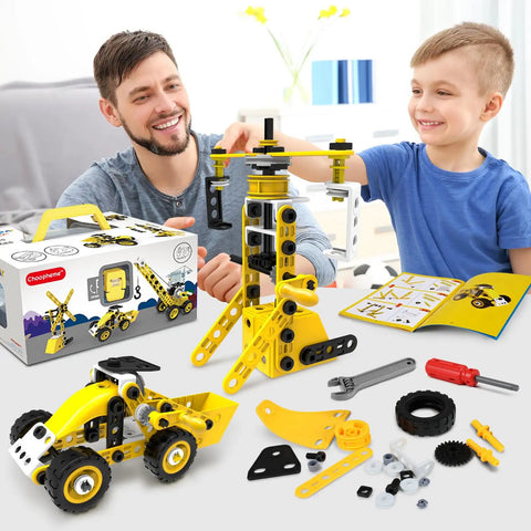 Father and child playing with 10 In 1 Stem Toys Set For Kids Ages 4 5 6 7 8 9 Plus Hands On Building Blocks Kit, assembling crane model.
