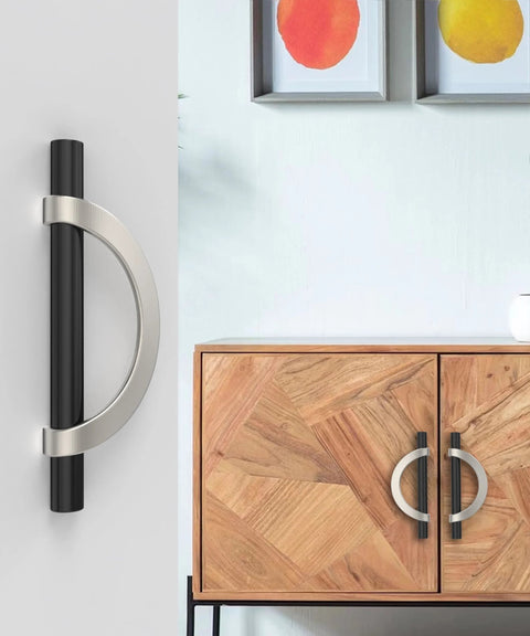 Ten Pack Black And Brushed Satin Nickel Cabinet Pulls With Three And Three Quarter Inch Hole Centers on wood cabinet