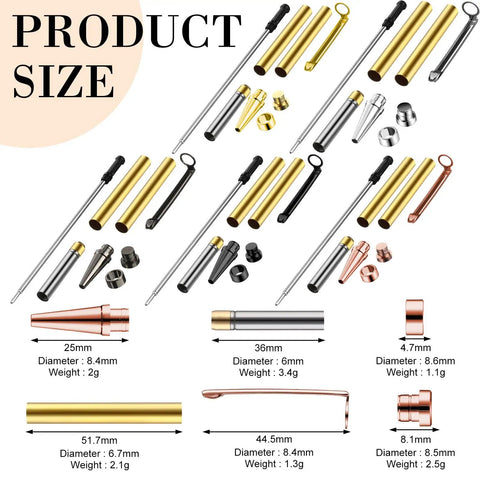 Slick 10 Piece Wood Turning Pen Kit With 7 Millimeter Slimline Twist Refills And Bold Assorted Colors product size and components layout.