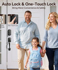 Family using Slick Matte Black Smart Door Lock Featuring Super Quick Keyless Entry And Tight Bluetooth Handle for easy access.