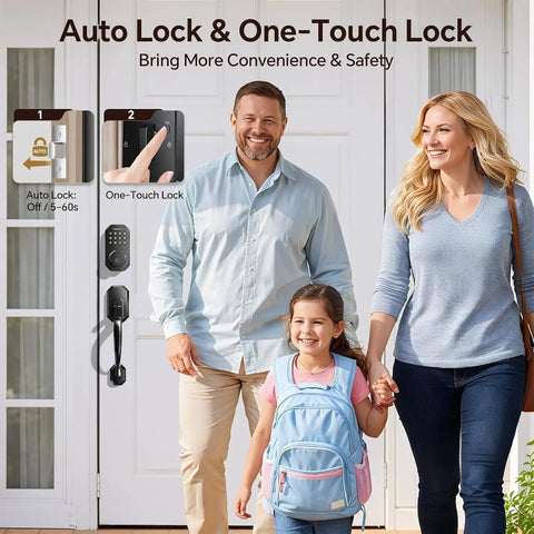 Family using Slick Matte Black Smart Door Lock Featuring Super Quick Keyless Entry And Tight Bluetooth Handle for easy access.