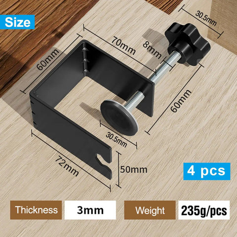 4 Piece C Clamp Set For Woodworking And Cabinet Installations in black cold rolled steel, showing dimensions and thickness.