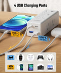 Top Shelf 15 Ft Extension Cord With Super Slim Flat Plug And Ten Spacious Outlets Including Six AC Jacks Two Quick Charge USB C Ports And Two Standard USB A Pads For No Nonsense Multi Gadget Charging At Home Or On The Road, showing 4 USB ports with devices.