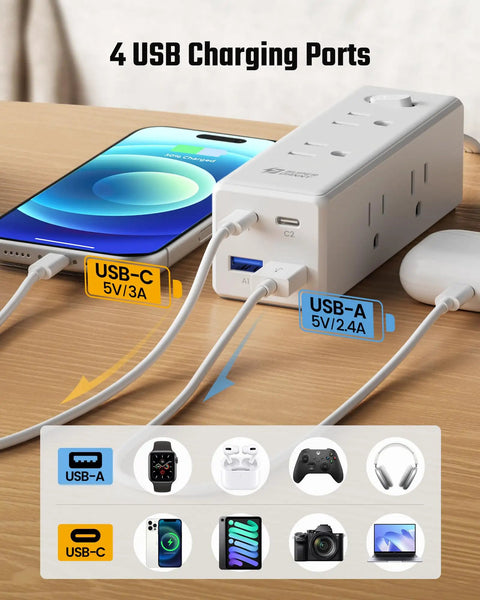 Top Shelf 15 Ft Extension Cord With Super Slim Flat Plug And Ten Spacious Outlets Including Six AC Jacks Two Quick Charge USB C Ports And Two Standard USB A Pads For No Nonsense Multi Gadget Charging At Home Or On The Road, showing 4 USB ports with devices.