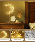 Moon Shaped Ramadan Desk Lamp Battery Powered With Warm White Led Wrought Iron Frame on nightstand, soft glow silver