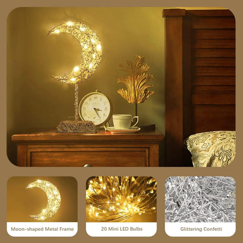 Moon Shaped Ramadan Desk Lamp Battery Powered With Warm White Led Wrought Iron Frame on nightstand, soft glow silver