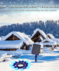 Snowy village scene with solar panel and string lights, showcasing Solar Powered Outdoor String Lights 27ft RGB Color Changing.