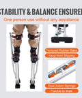 Adjustable Aluminum Drywall Stilts 18 To 30 Inch With Non Slip Grip, showing rubber base and dual action springs.