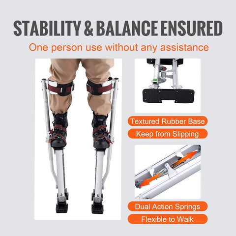 Adjustable Aluminum Drywall Stilts 18 To 30 Inch With Non Slip Grip, showing rubber base and dual action springs.