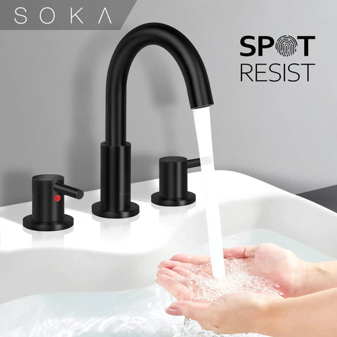 8 To 16 Inches Widespread Matte Black Bathroom Faucet With Two Handles, Sleek Modern Industrial Vanity Sink Faucet, water flowing