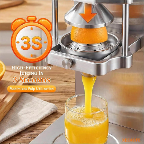 Heavy Duty Electric Commercial Kitchen Machine 304 Stainless Steel Strip Cutter And Juice Press pours orange juice into a glass.