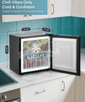 One Point One Cubic Foot Compact Countertop Mini Freezer Built For Tiny Dorm Kitchens Home Offices And Campers Hella Easy Plug And Play, showing drinks inside freezer.