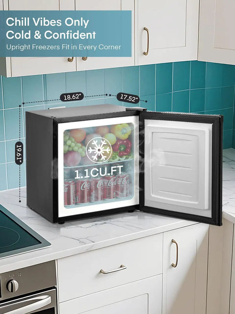 One Point One Cubic Foot Compact Countertop Mini Freezer Built For Tiny Dorm Kitchens Home Offices And Campers Hella Easy Plug And Play, showing drinks inside freezer.