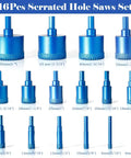 16-piece serrated blue hole saw set for tile and stone; dry/wet use; diameters 6–50 mm.