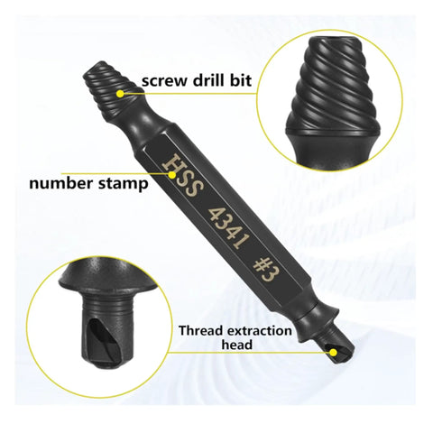 Damaged Screw Extractor Set For Stripped Screws Bolts And Rusted Hardware 6 Piece HSS Drill Bit Bolt Extractor Kit with labeled parts