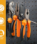 100 Pack Stainless Steel Pegboard Hooks For One Eighth And One Quarter Inch Pegboards holding tools on a black board