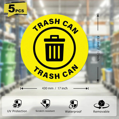 Image of 5 Pack 17 By 17 Inch Self Adhesive Trash Can Sign For Industrial And Office Spaces Caution Safety Vinyl Waterproof Signage Durable Moisture Resistant With Strong Adhesion Easy To Read For Workplace Compliance with yellow background and black trash icon.
