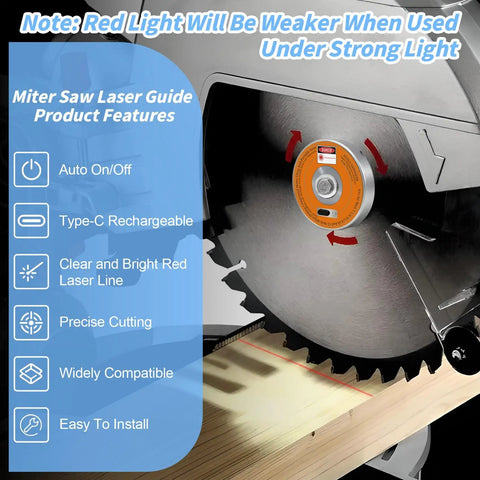 Rechargeable Miter Saw Laser Guide With Type C Fast Charging for 7-1/4, 8, 8-1/4, 10 and 12-Inch Sliding Compound Miter Saws Auto Laser Activation and No-Fuss Quick Charge in About 15 Minutes Works With DeWalt, Makita, Bosch, Craftsman and More attached to saw blade displaying laser line for precise cutting.
