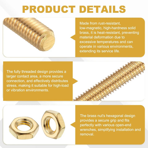 Brass Fully Threaded Rod M8 x 1.25 Pitch Right Hand Threads With Solid Brass Hex Nuts, 200mm Long Heavy Duty Fasteners
