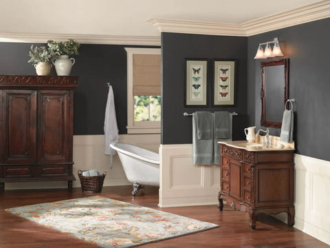 Weymouth 24-Inch Single Towel Bar In Chrome in elegant bathroom, showcasing classic decor and corrosion-resistant mount.