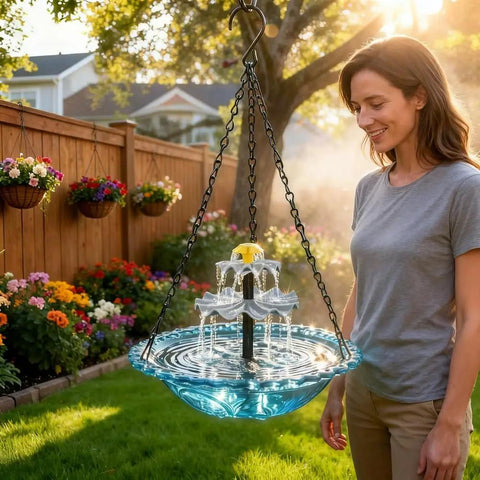 Woman in garden holding Solar Cascade Hanging Bird Bath Fountain With 3 Layer Design For Outdoor Gardens And Ponds 6 Nozzles