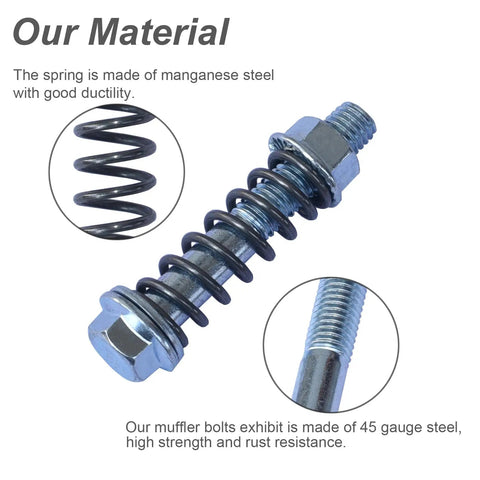 Premium Heavy Duty Car Exhaust Manifold Bolt Set, tough M10x1.5 steel bolt with spring detail for high-temperature use.