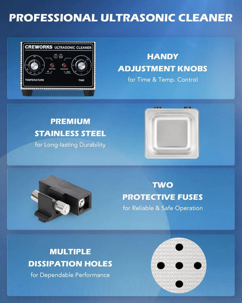 Straight Up Workhorse 2L Ultrasonic Cleaner Tank With 60W Cavitation Waves And Sweet 100W Heater Paired With Precise Digital Timer features control knobs, stainless steel basin, fuses, and dissipation holes.
