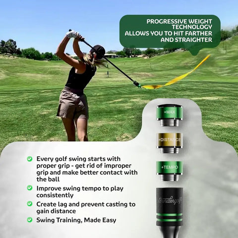 Golfer using Indoor Golf Swing Trainer with Ribbon for Right Handed Players, focusing on tempo and impact training with adjustable weights.