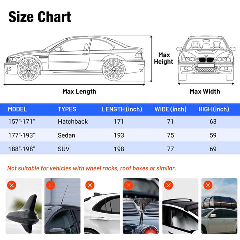 Size chart for SUVs, sedans, hatchbacks up to 198 inches, includes unsuitable vehicle features. Beefed Up Heavy Duty Hail Protection Car Cover For SUV Waterproof Padded Outdoor Shield With Reflective Stripes Full Exterior Cover Protects Against Snow And Rain Storms Fits SUVs Up To 198 Inches.