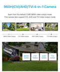 4 In 1 1080P CCTV Bullet Camera For Indoor Outdoor Use With Easy Install Night Vision Weatherproof Metal Housing TVI CVI AHD CVBS Compatible Works With 960H 720P 1080P 5MP 4K Analog DVRs, images of video outputs and camera in yard