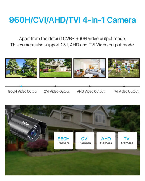 4 In 1 1080P CCTV Bullet Camera For Indoor Outdoor Use With Easy Install Night Vision Weatherproof Metal Housing TVI CVI AHD CVBS Compatible Works With 960H 720P 1080P 5MP 4K Analog DVRs, images of video outputs and camera in yard