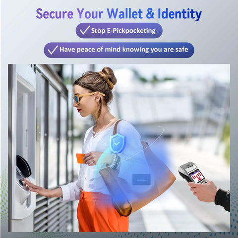 Woman at ATM protected by Five Pack RFID Blocker Cards For Wallets Protect All Contactless Cards From Scanning NFC Debit Credit Passport Protection Slim Wallet Friendly Black Fits In Any Pocket.