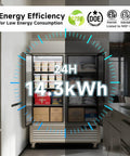 Top Tier Commercial Upright Freezer With Smart WiFi App Remote Control And Auto Defrost 49CuFt showing energy efficiency labels and contents.