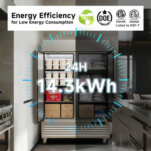 Top Tier Commercial Upright Freezer With Smart WiFi App Remote Control And Auto Defrost 49CuFt showing energy efficiency labels and contents.