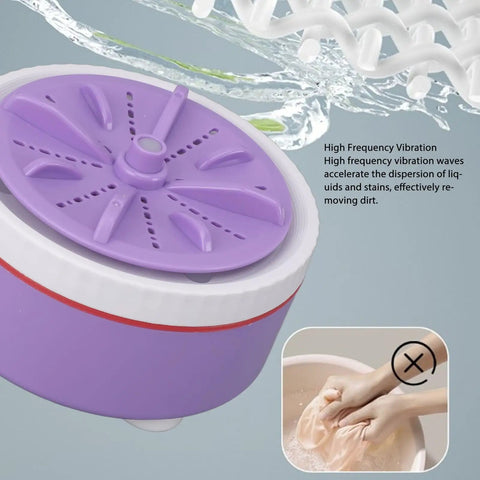 Portable Mini Washing Machine USB Powered Compact Clothes Washer Adjustable Timer For Delicates Underwear Produce And Dishes Purple top view with water droplets.