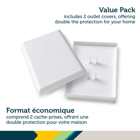OutSmart Outlet Shield 2 Pack with paintable decoy panels for unused outlets shown with one open and one closed cover.