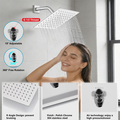 Woman enjoying shower under All Metal 3 In 1 Rain Shower System With Square Rainfall Head, Wall Mounted, 8 Inch Chrome Finish.