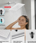 Model enjoying a shower with the All Metal 3 In 1 Tub And Shower Faucet Set with 10 inch square rainfall head in polished chrome.