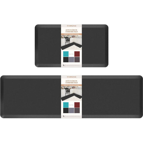 Ergonomic Anti Fatigue Kitchen Floor Mat Set 17.3 By 28 Inches And 17.3 By 60 Inches Cushioned Waterproof PVC Mats For Kitchen Home Office Laundry Non Slip Comfort Underfoot, showing two dark grey mats with packaging.