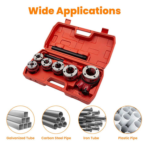 Pipe Threader Kit With 6 Dies 1/4, 3/8, 1/2, 3/4, 1, 1-1/4 Inch Manual Ratcheting Threading Tool Set in red case with dies visible