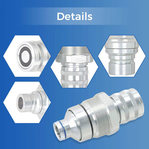 Close-up of Heavy Duty Hydraulic Coupler Kit With Male And Female Flat Face Quick Connect Set For 4BD4FH 48MM Thread showing details.