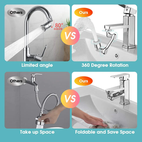 1080 Degree Swivel Faucet Extender Aerator With Universal Splash Filter showing 360 degree rotation and space-saving design.